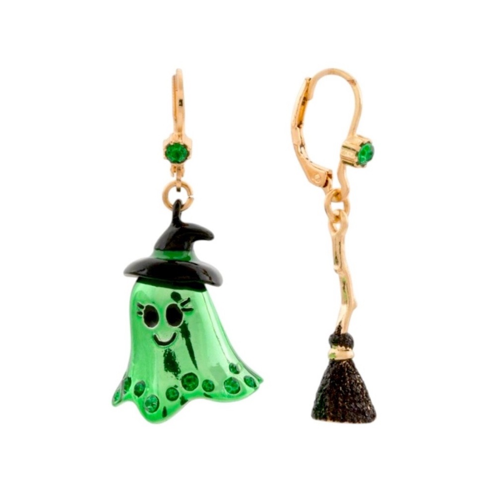 Betsey Johnson Halloween Green Ghost Witch Hat & Broom Mismatch Dangling Earring